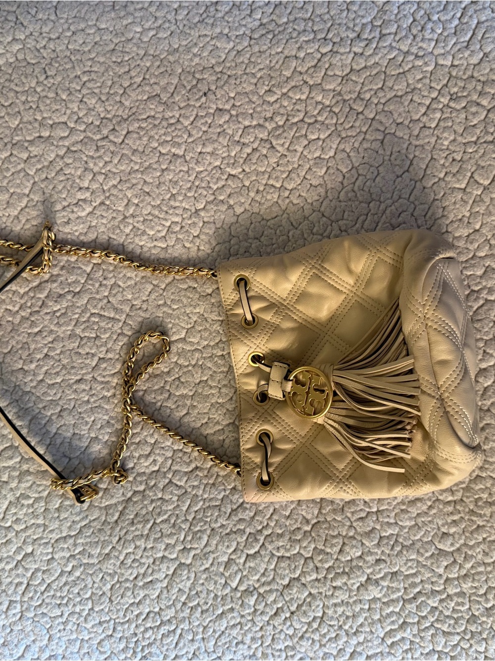 Tory Burch Quilted Leather Tassel Drawstring MINI Crossbody Bag - Cream